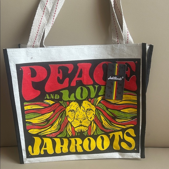 jah roots Handbags - Roots White Canvas Tote with Red, Yellow and Green Peace & Love Graphic